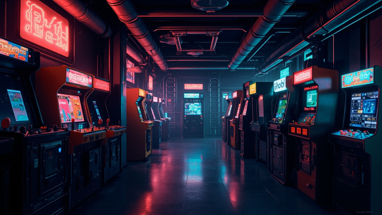 Illustration of a neon-lit retro arcade interior