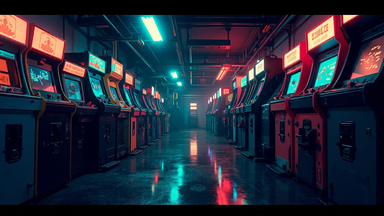 Illustration of a neon-lit retro arcade interior