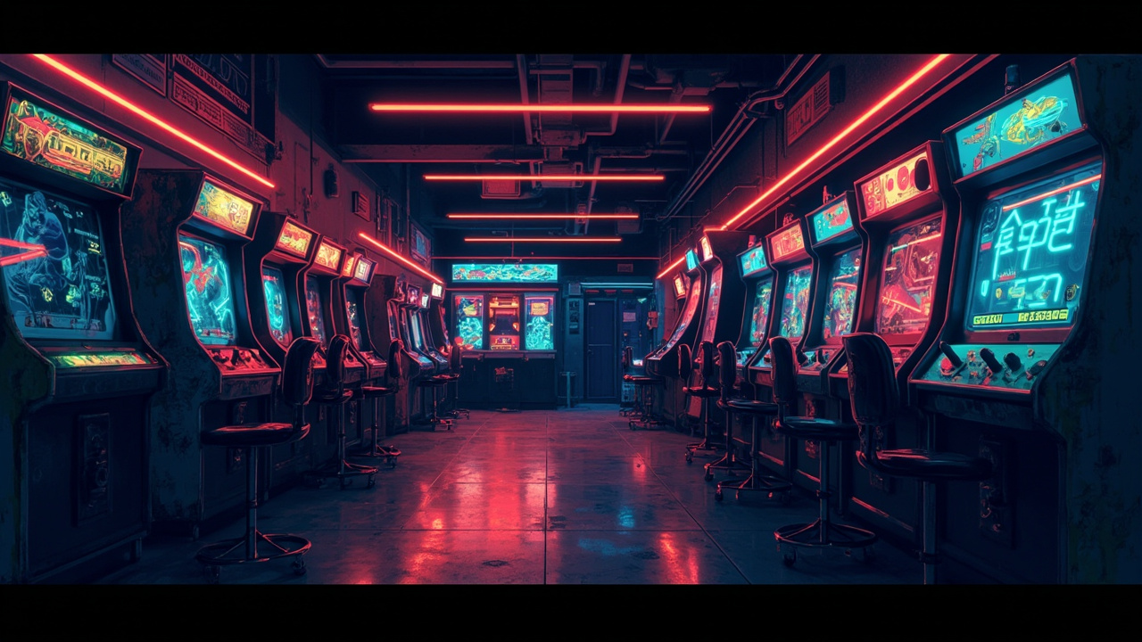 Illustration of a neon-lit retro arcade interior
