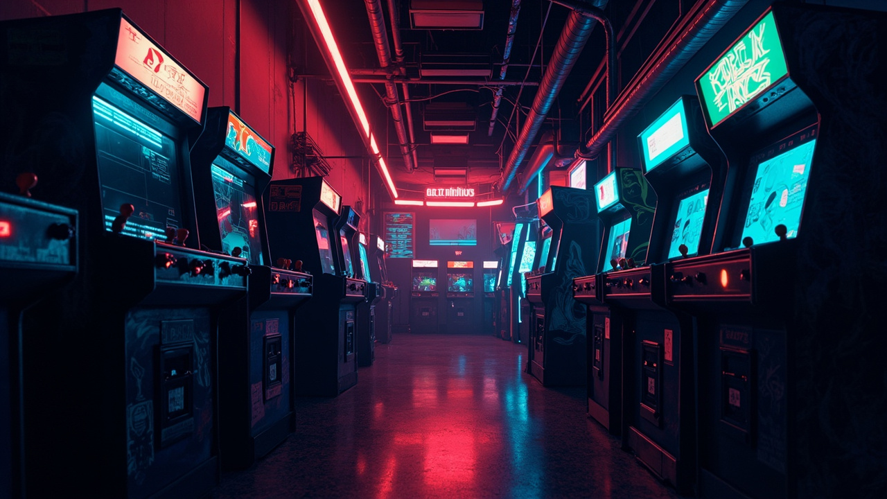 Illustration of a neon-lit retro arcade interior