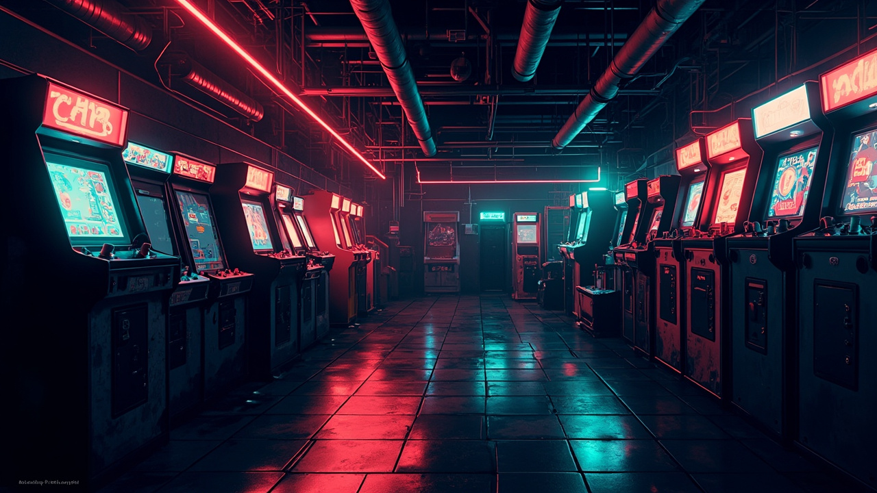 Illustration of a neon-lit retro arcade interior