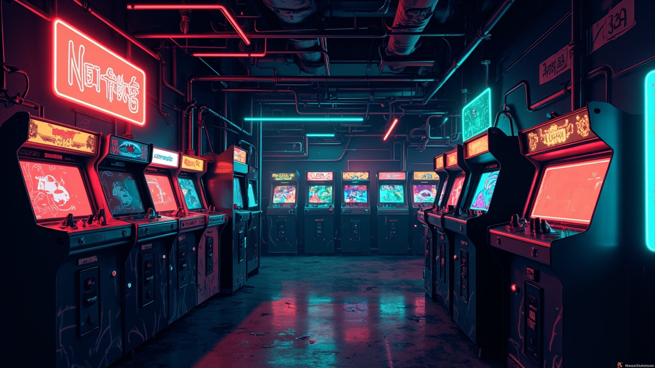 Illustration of a neon-lit retro arcade interior