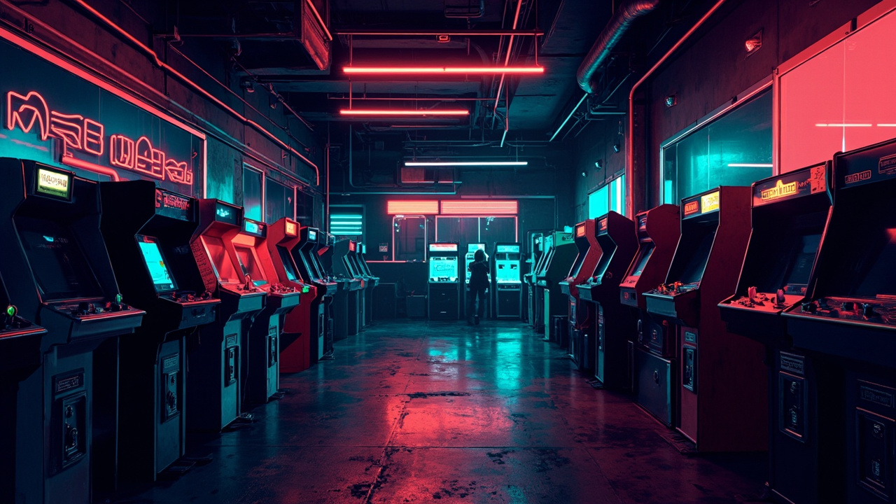 Illustration of a neon-lit retro arcade interior