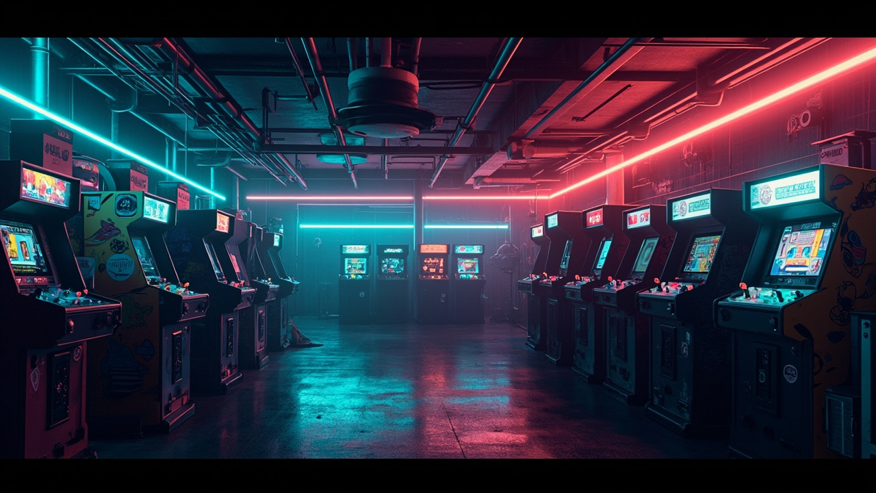 Illustration of a neon-lit retro arcade interior