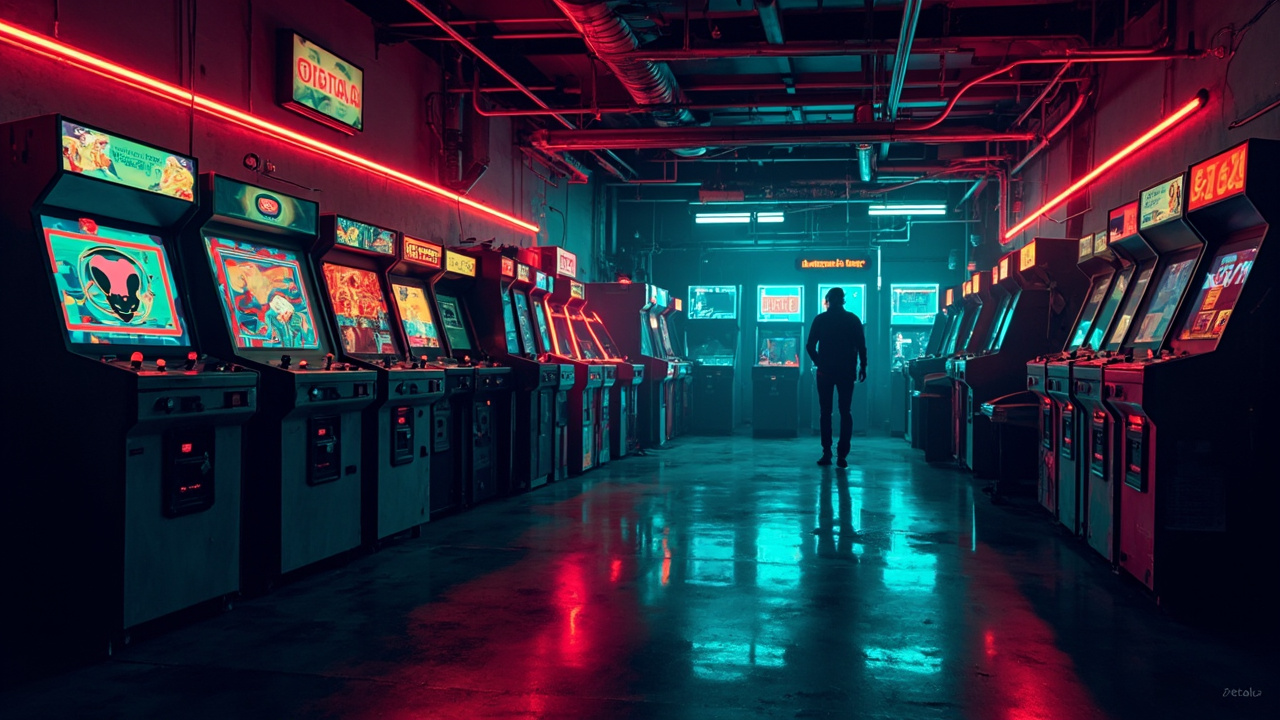 Illustration of a neon-lit retro arcade interior