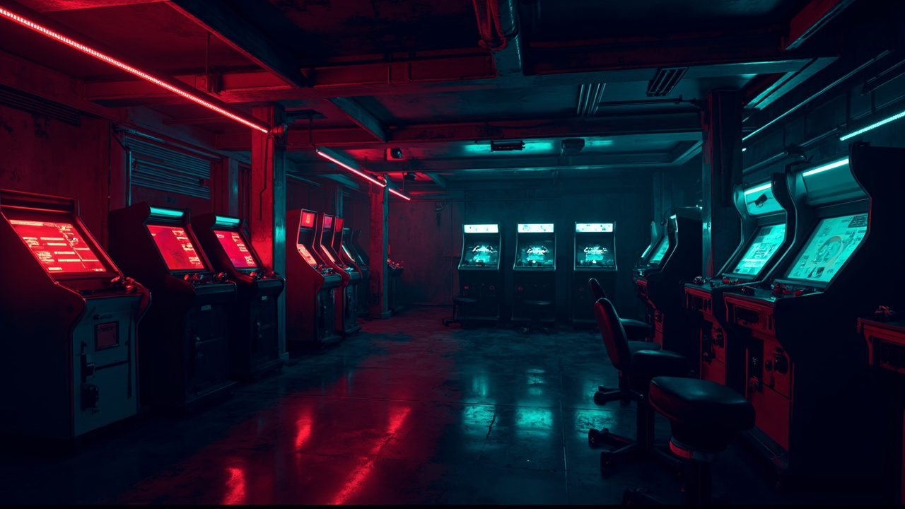 Illustration of a neon-lit retro arcade interior