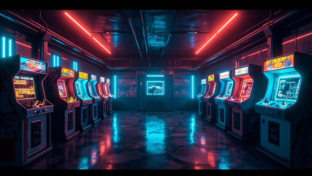 Illustration of a neon-lit retro arcade interior