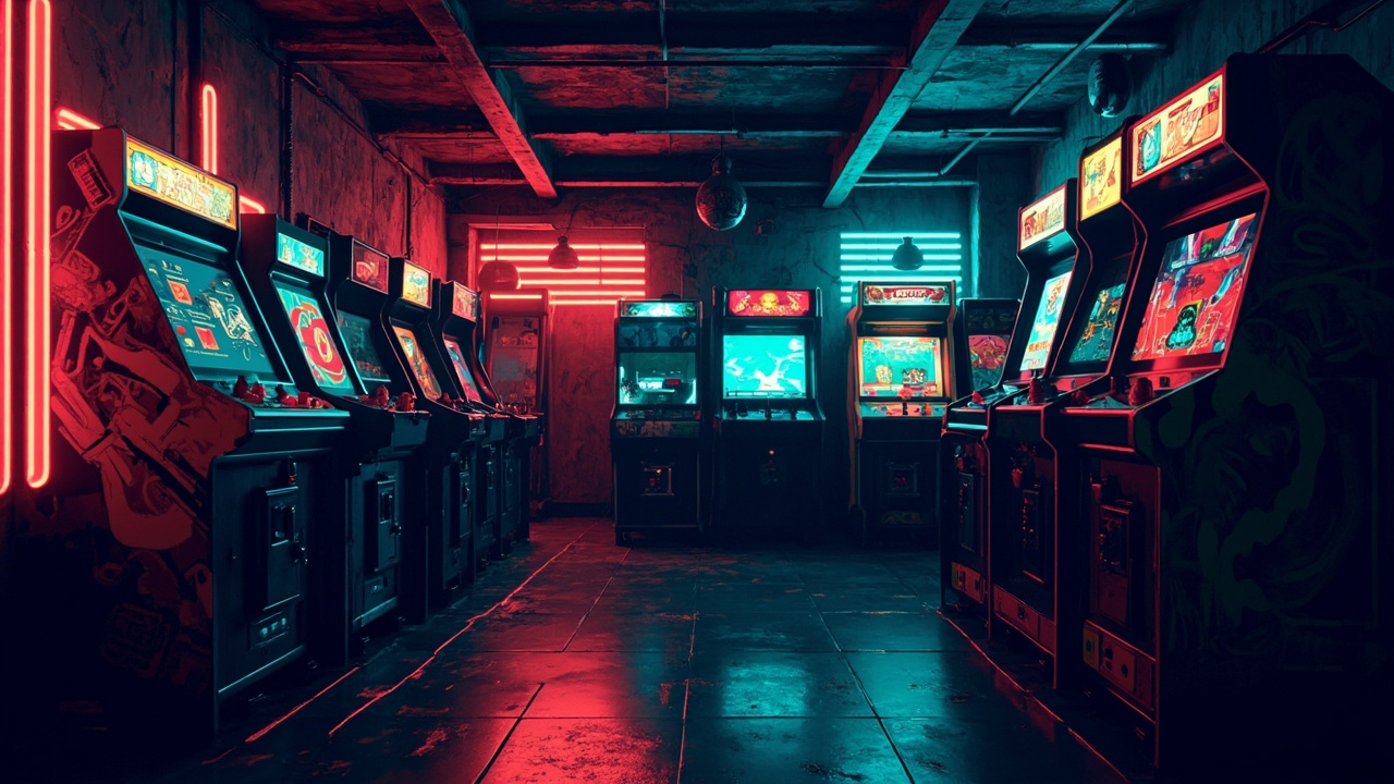 Illustration of a neon-lit retro arcade interior