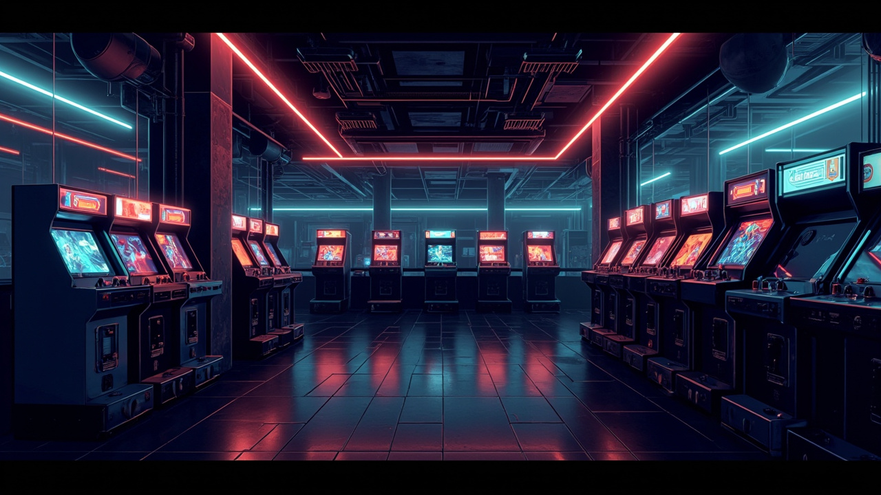 Illustration of a neon-lit retro arcade interior