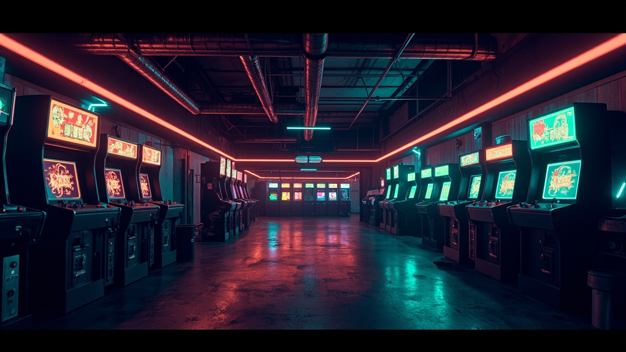 Illustration of a neon-lit retro arcade interior