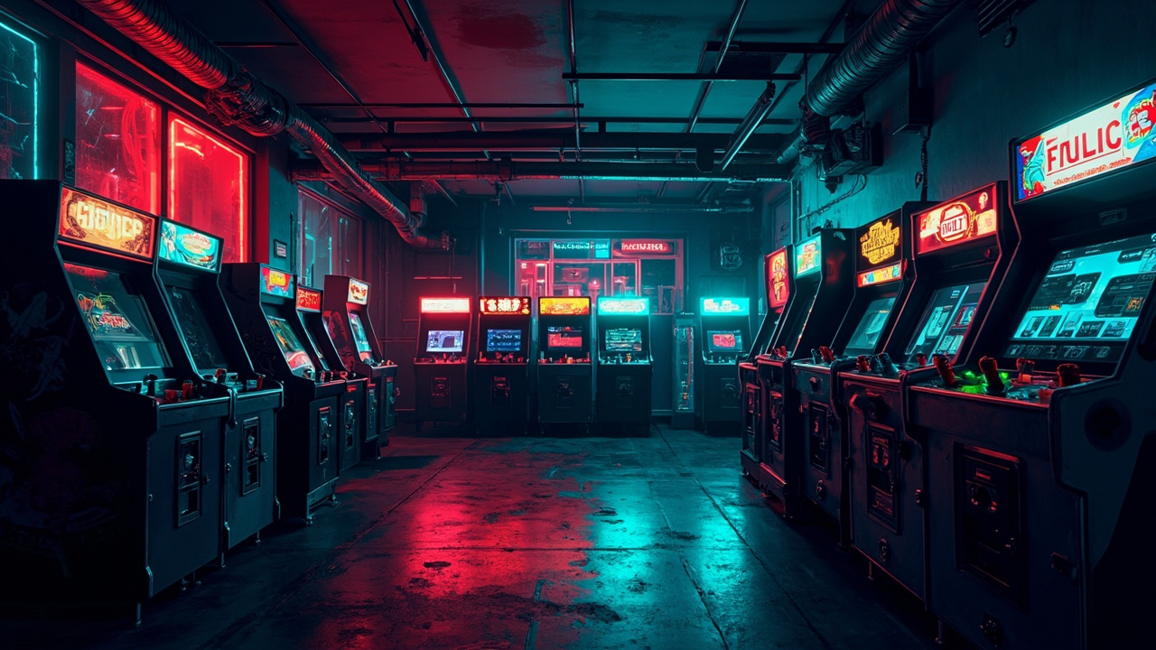 Illustration of a neon-lit retro arcade interior