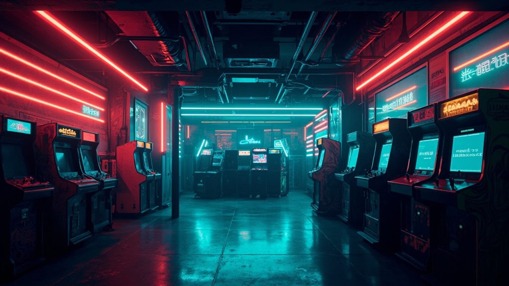 Illustration of a neon-lit retro arcade interior