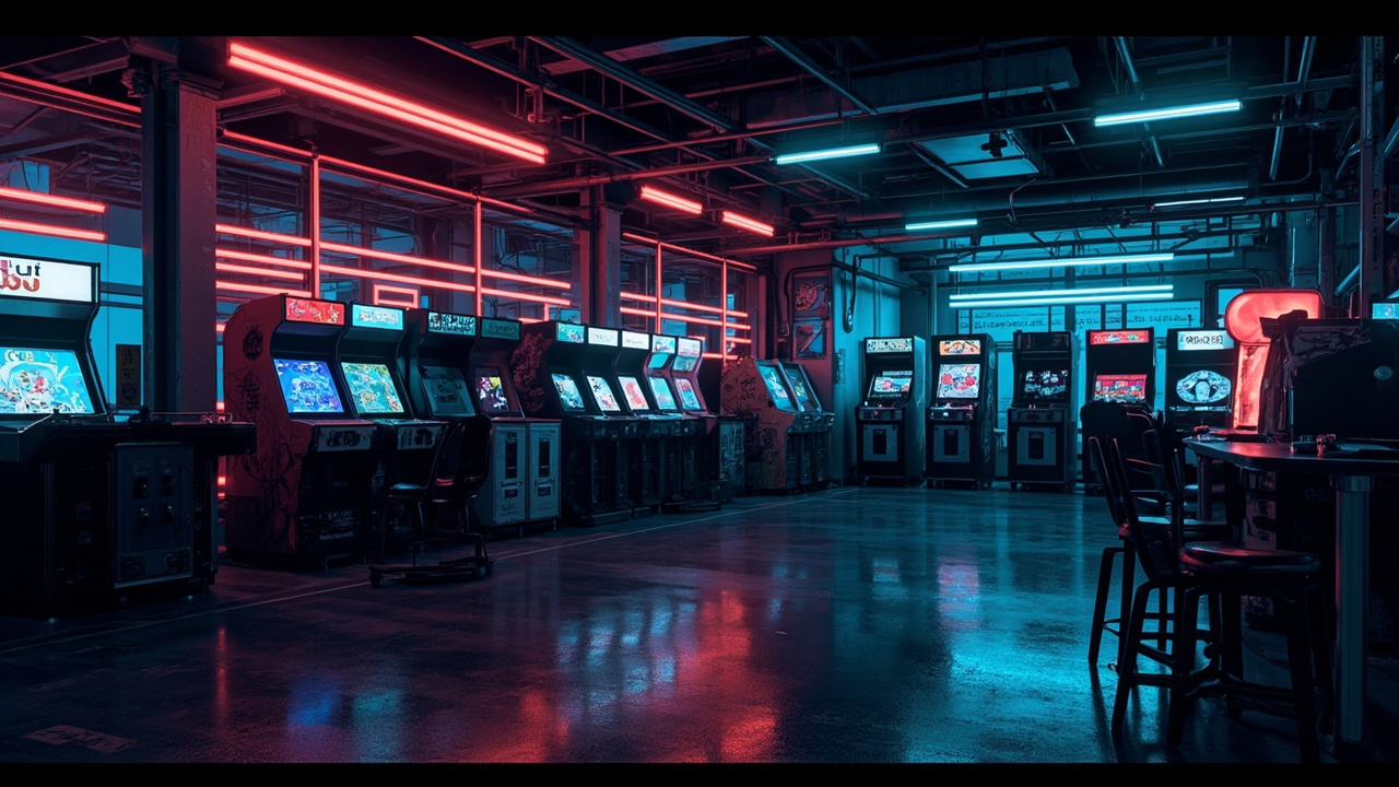 Illustration of a neon-lit retro arcade interior