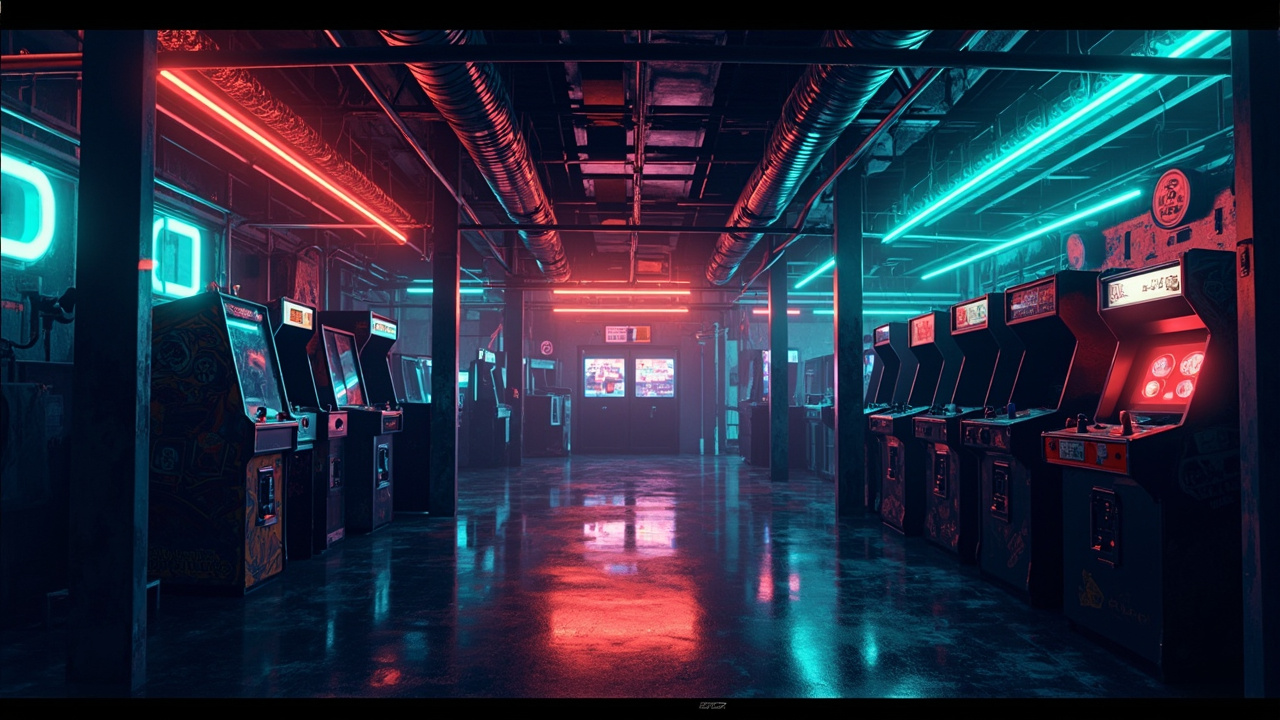 Illustration of a neon-lit retro arcade interior