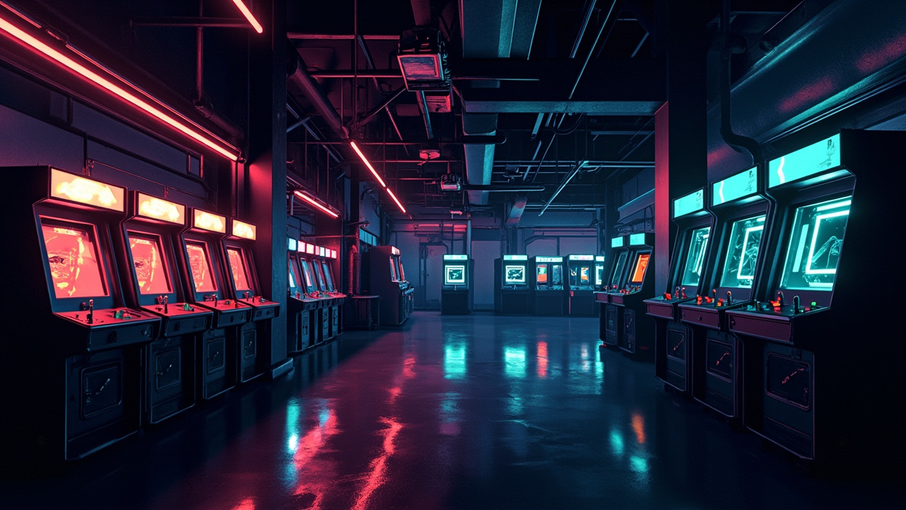 Illustration of a neon-lit retro arcade interior