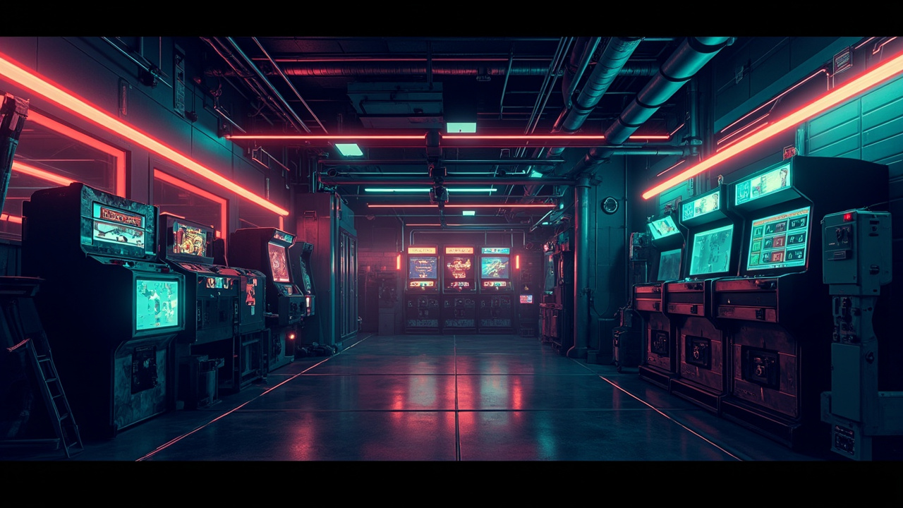 Illustration of a neon-lit retro arcade interior