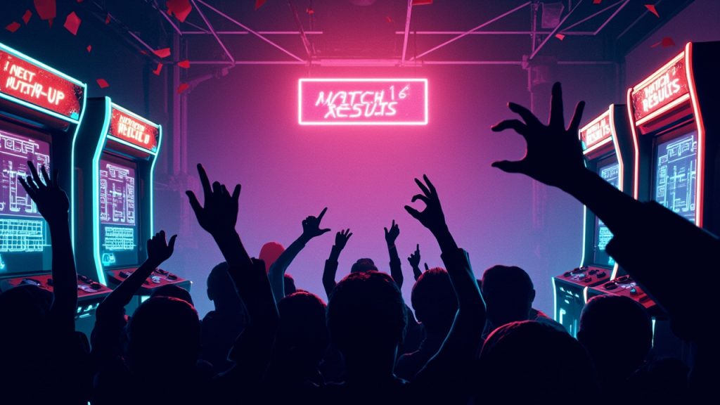 Illustration: Illuminated gaming cabinets displaying screens reading "NEXT MATCH-UP" and "MATCH RESULTS" stand in a room lit by purple light beneath a partially legible glowing sign. A crowd with raised hands gathers in the foreground amidst falling confetti.