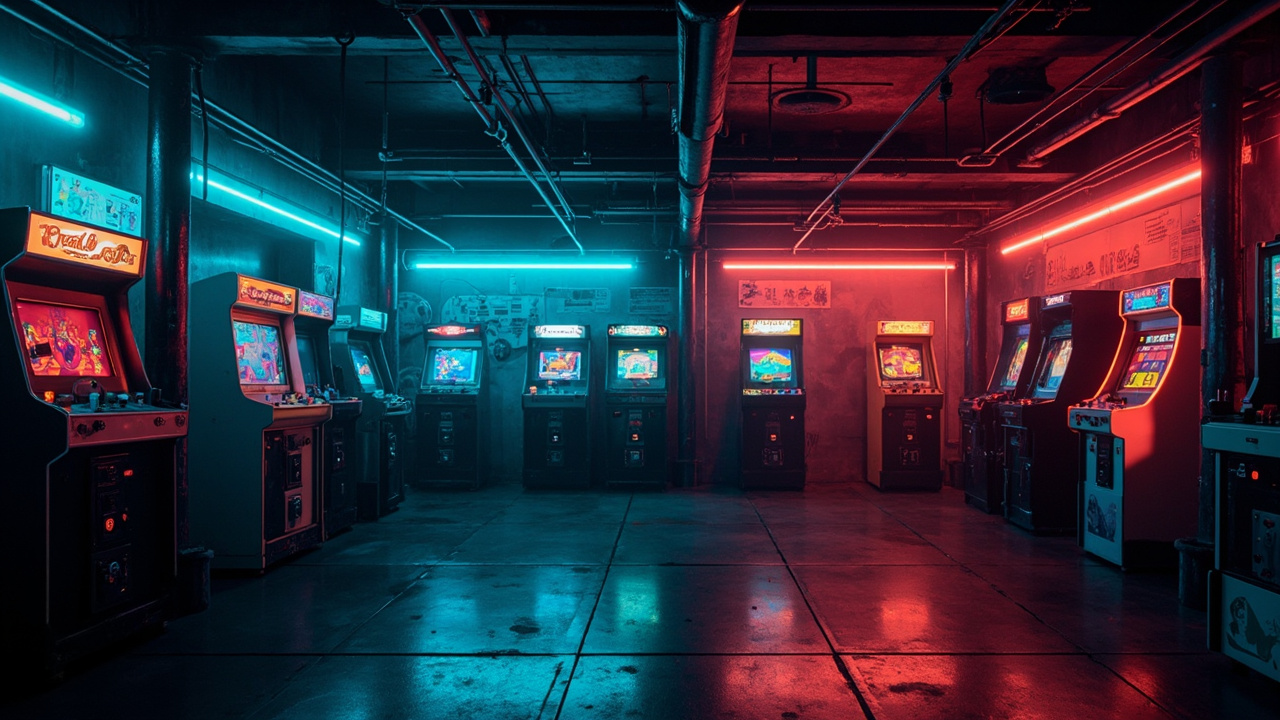 Illustration of a neon-lit retro arcade interior