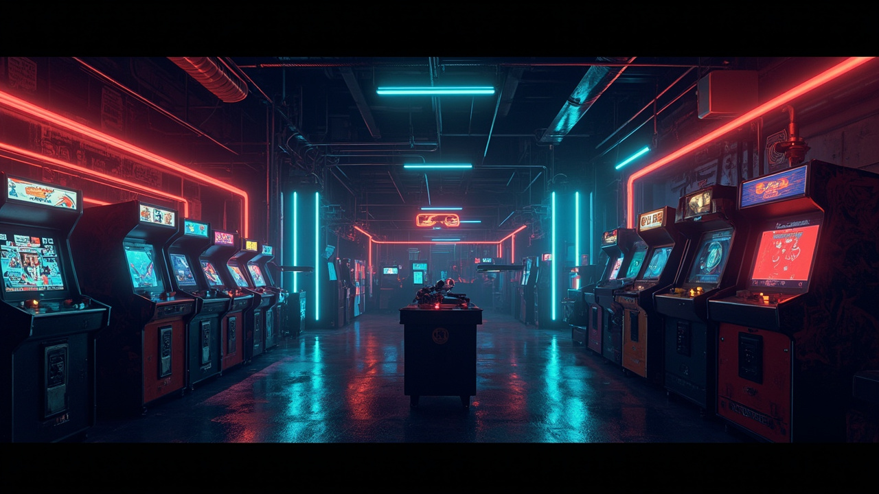 Illustration of a neon-lit retro arcade interior