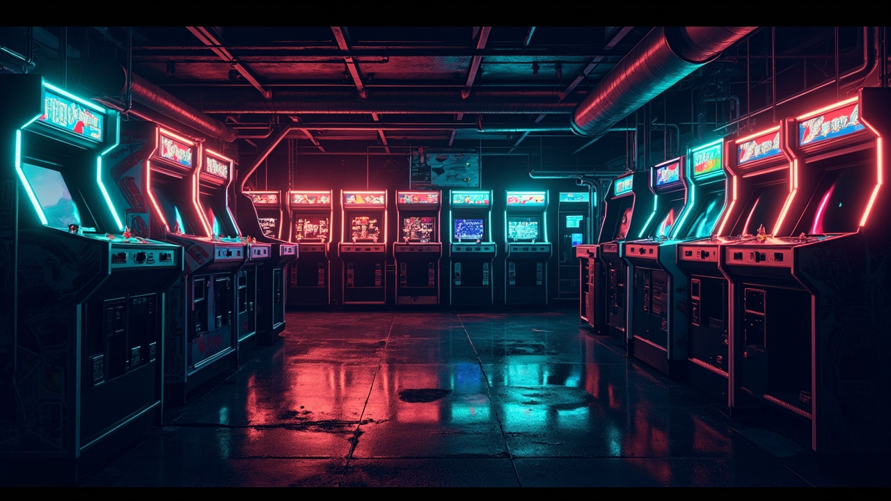 Illustration of a neon-lit retro arcade interior