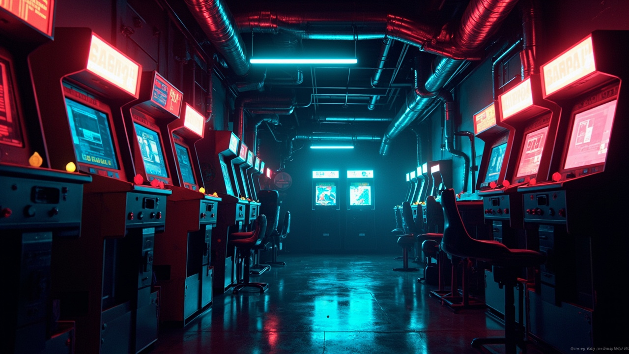 Illustration of a neon-lit retro arcade interior
