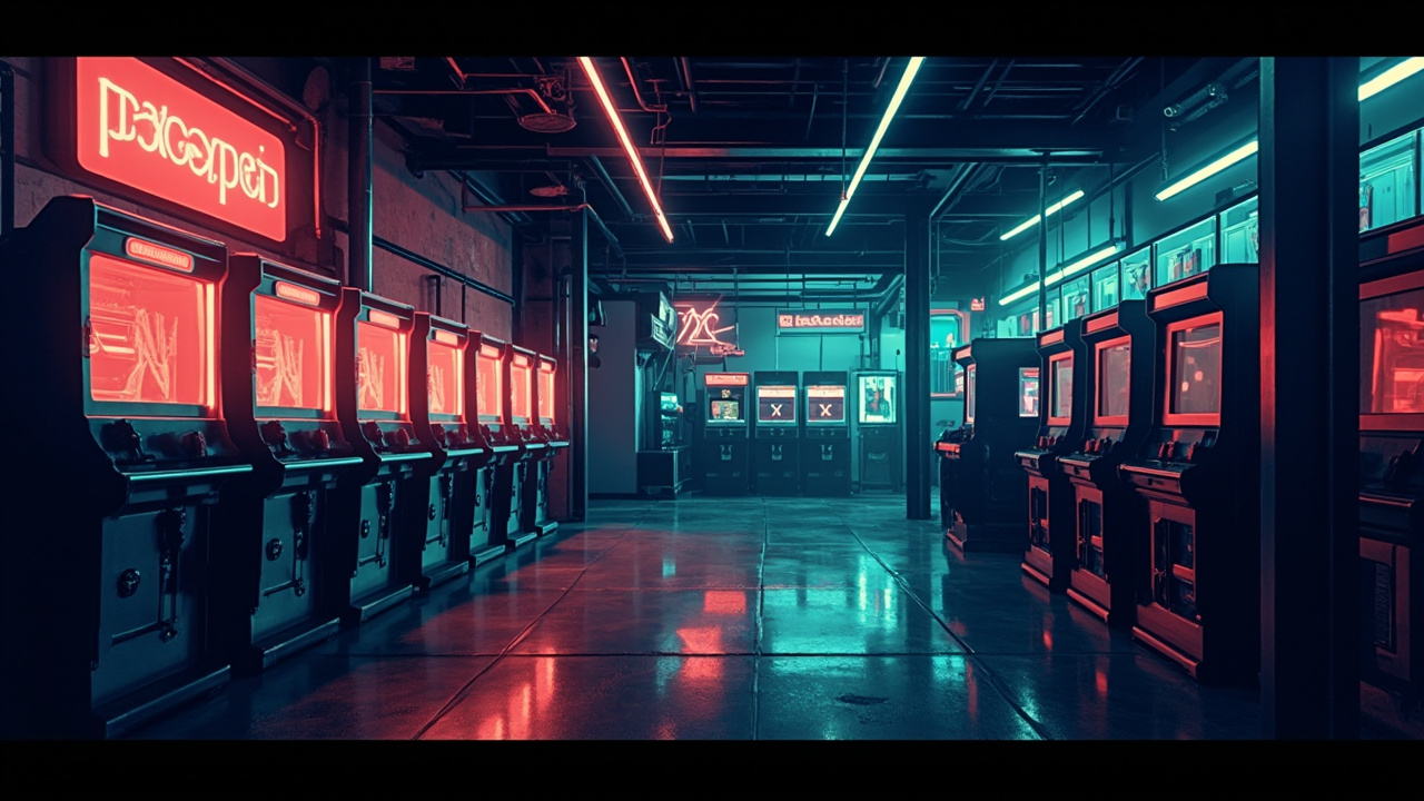Illustration of a neon-lit retro arcade interior
