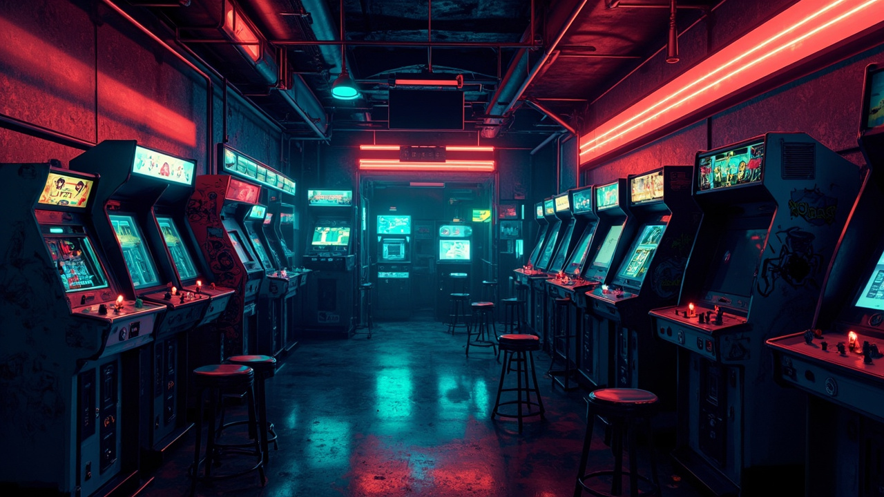 Illustration of a neon-lit retro arcade interior