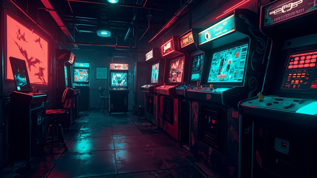 Illustration of a neon-lit retro arcade interior
