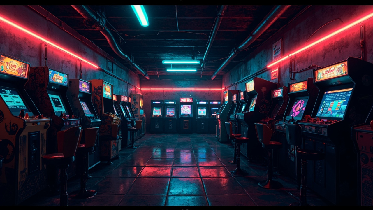 Illustration of a neon-lit retro arcade interior