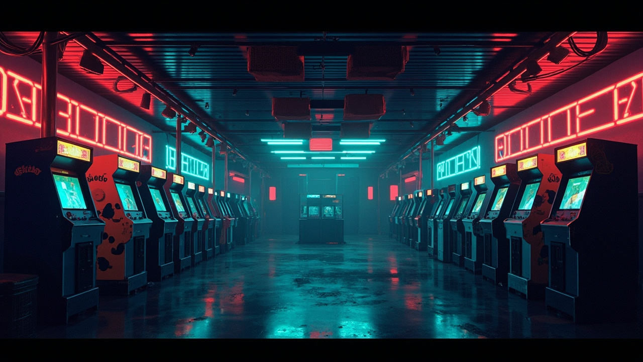 Illustration of a neon-lit retro arcade interior
