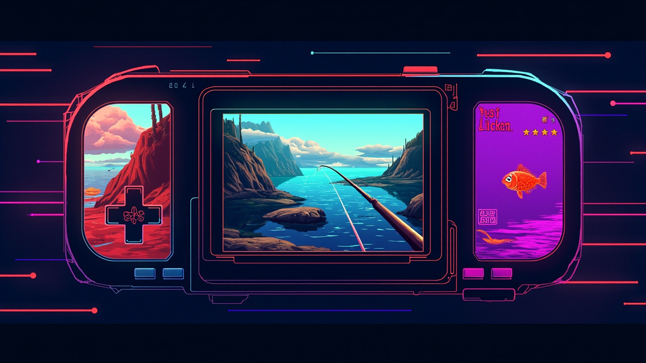 Illustration: A triptych of cartoon-style fishing scenes displayed across what appears to be a dual-screen handheld gaming device, showing a cliffside waterscape, a first-person view of casting a fishing rod over rocks, and a purple panel featuring an orange fish 