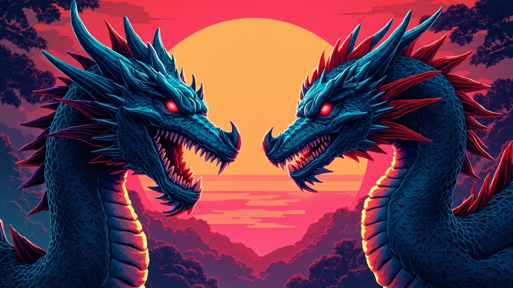 Illustration: A colorful illustration depicts two fictional dragon-like creatures facing each other against a warm gradient background.