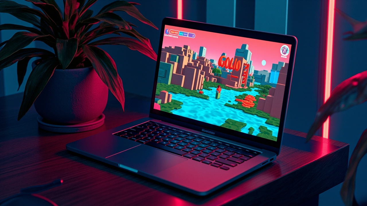 Illustration: An open laptop sits on a wooden surface beside a potted plant, its screen displaying a colorful voxel-based game scene featuring blocky buildings, a character figure, and a blue water tile surrounded by greenery.