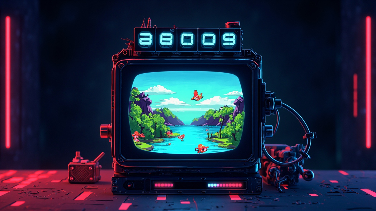 Illustration: A square digital screen displays a pixel-art video game scene featuring colorful bird characters flying over a vibrant green landscape with a pond, topped by four mechanical-style score counters showing two-digit numbers.