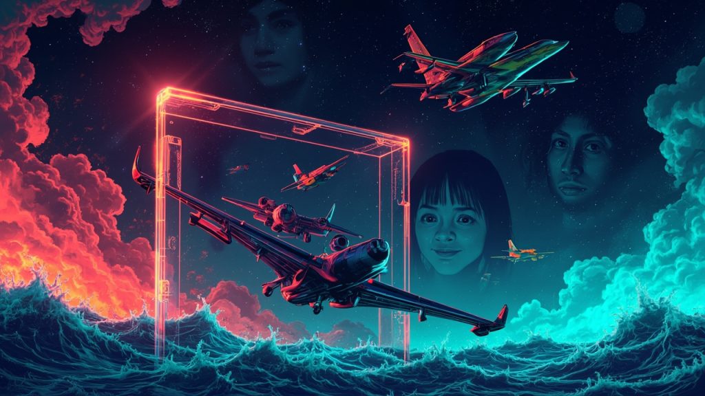 Illustration: A clear plastic jewel case containing a paper insert with an illustrated cover depicting colorful aircraft soaring above ocean waves against a backdrop of stylized portrait faces in the sky.