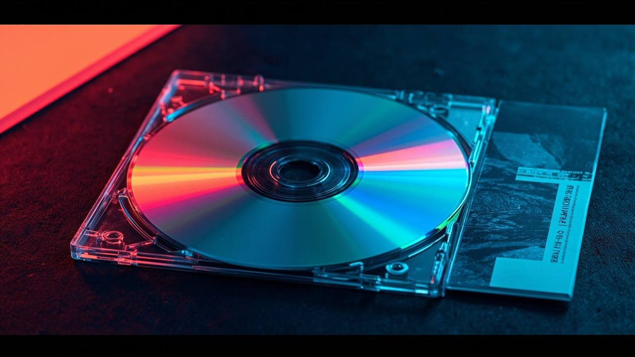 Illustration: An open transparent plastic case with a partially ejected compact disc and a small accompanying insert resting beside it.