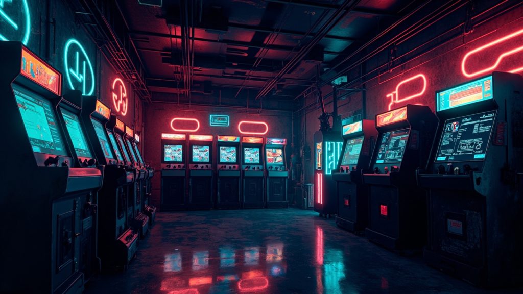 Illustration of a neon-lit retro arcade interior