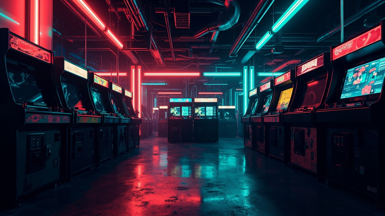 Illustration of a neon-lit retro arcade interior