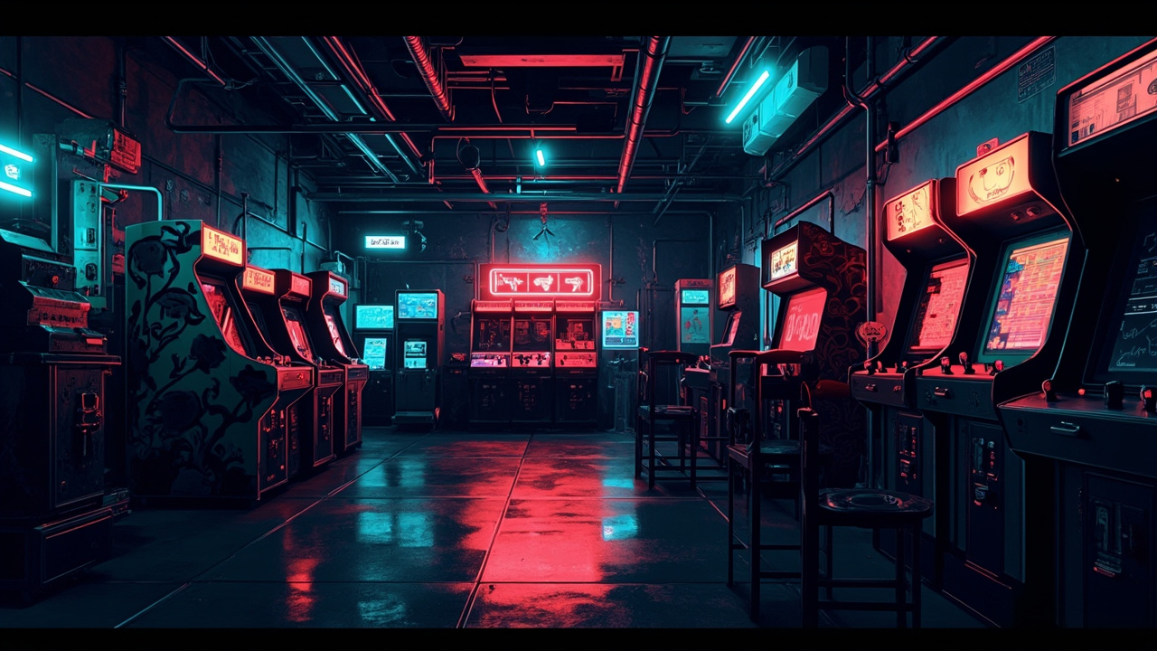 Illustration of a neon-lit retro arcade interior