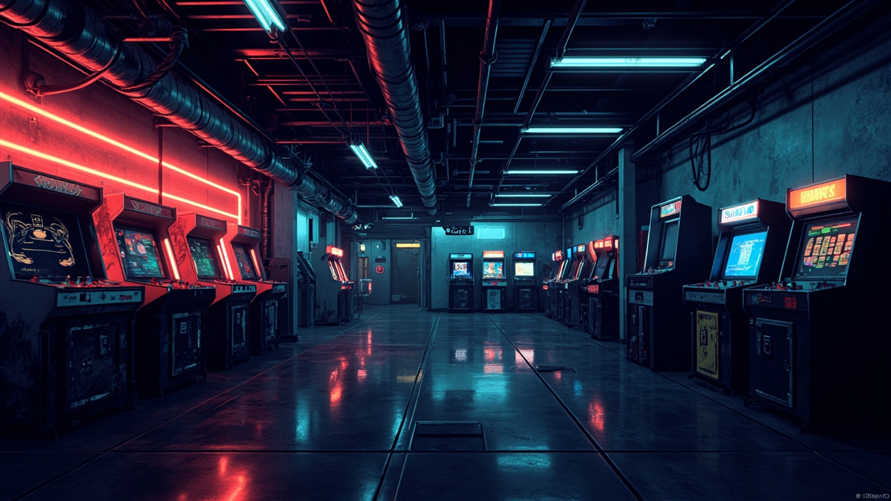 Illustration of a neon-lit retro arcade interior