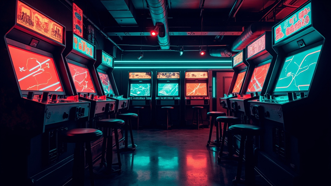 Illustration of a neon-lit retro arcade interior