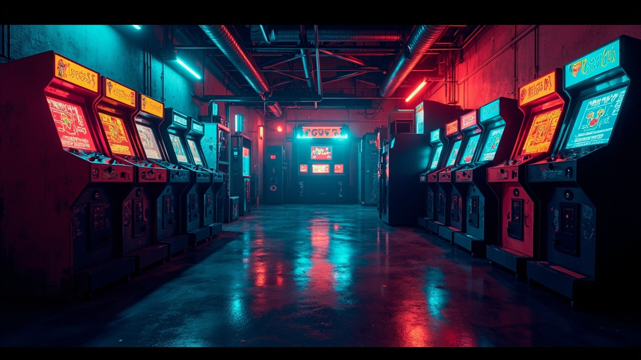 Illustration of a neon-lit retro arcade interior
