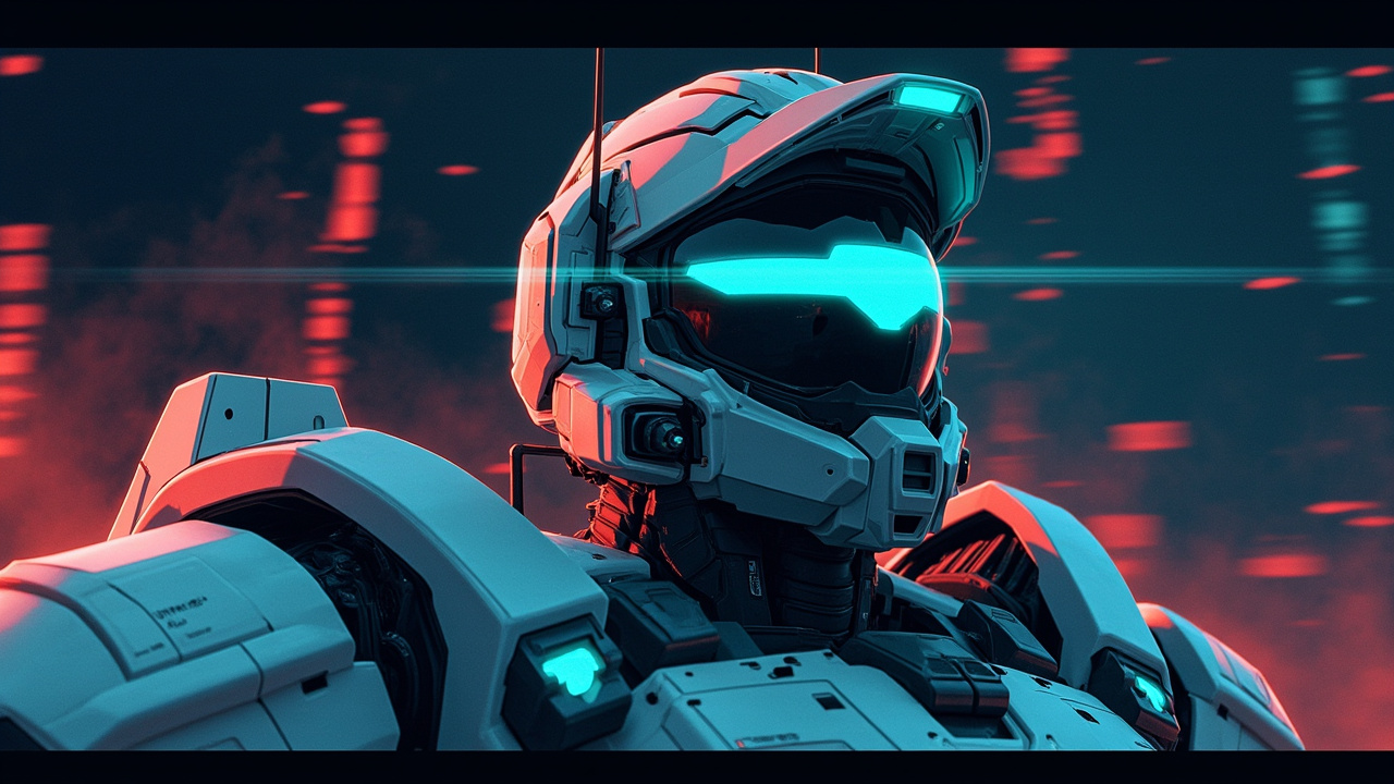 Illustration: A large, white, heavily armored mecha suit with an angular helmet featuring illuminated blue optical sensors stands prominently in the foreground.