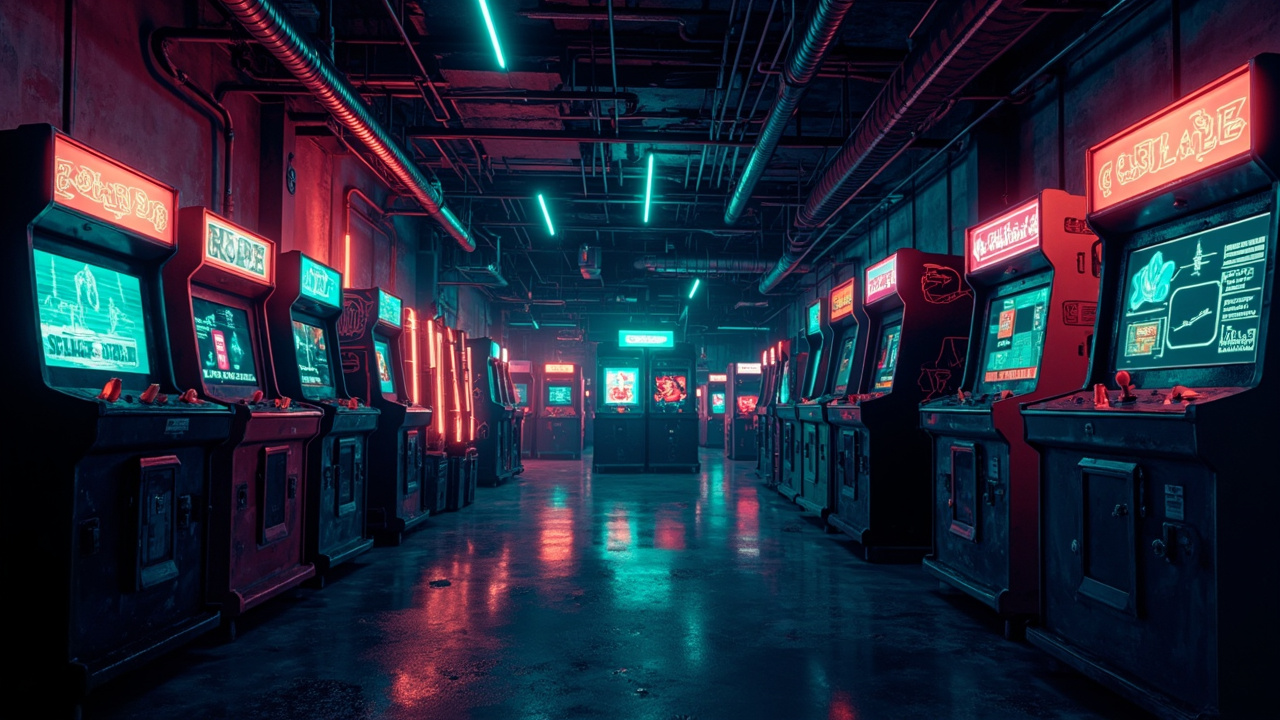 Illustration of a neon-lit retro arcade interior