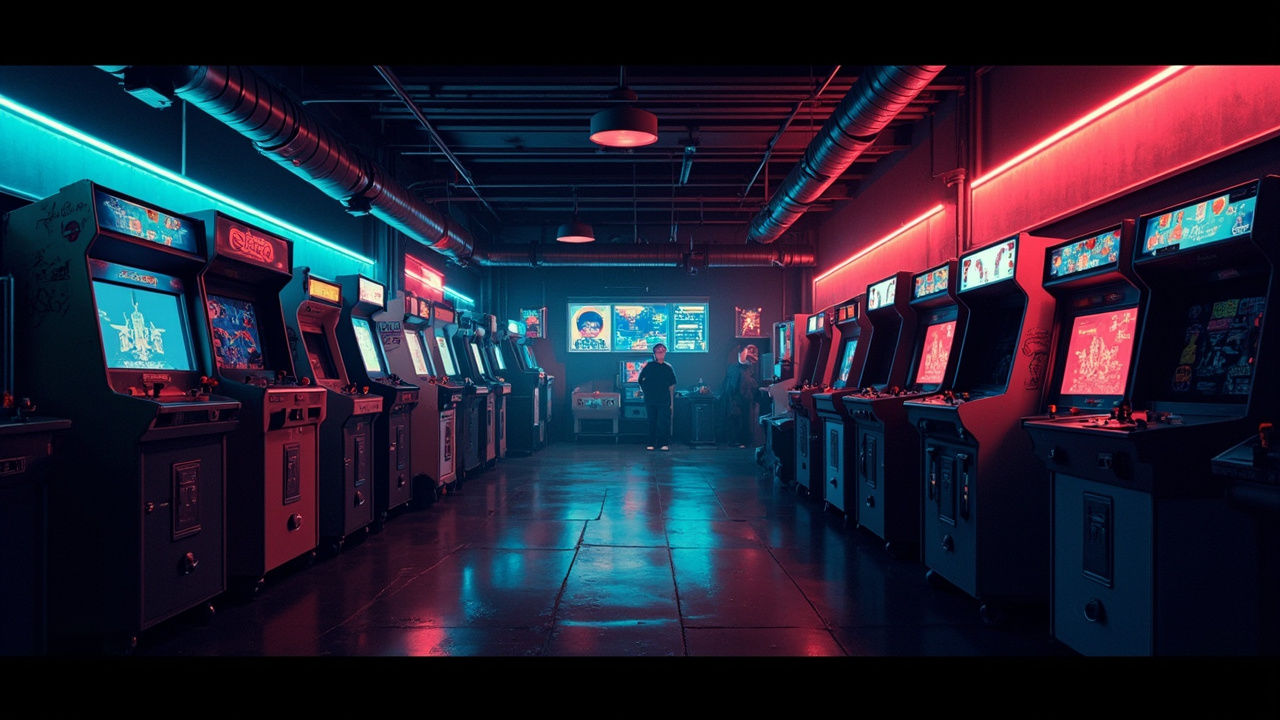 Illustration of a neon-lit retro arcade interior