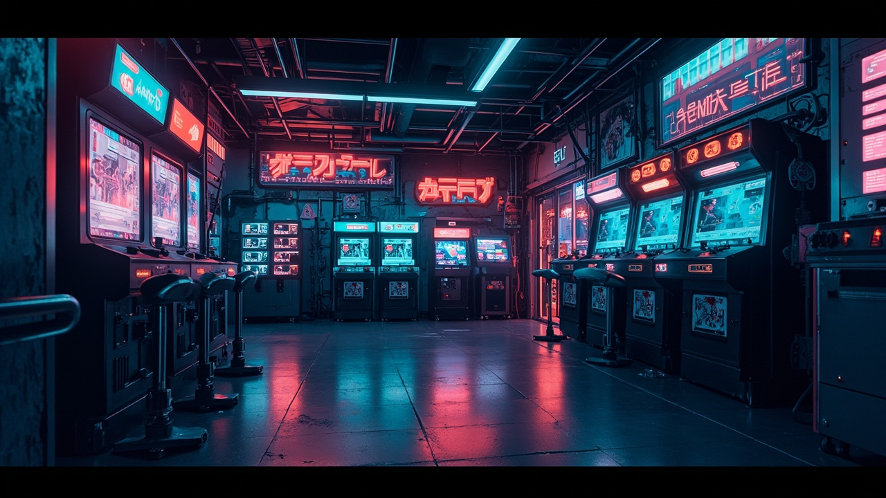 Illustration of a neon-lit retro arcade interior