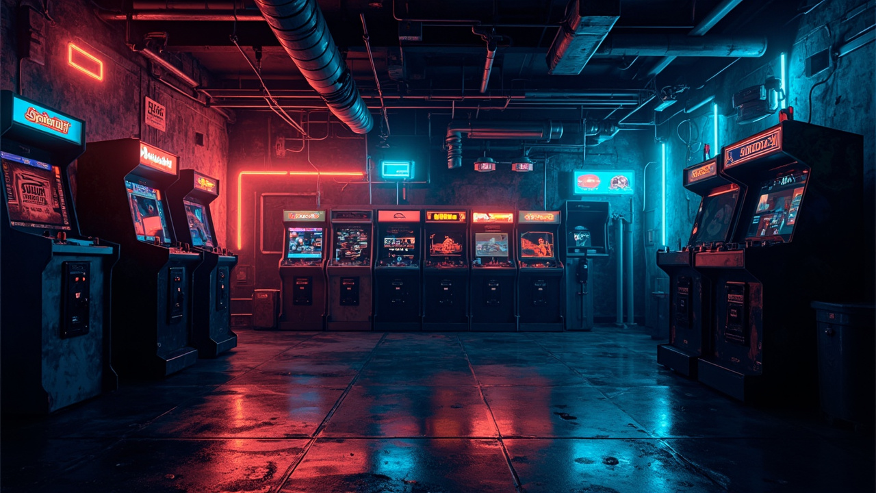 Illustration of a neon-lit retro arcade interior