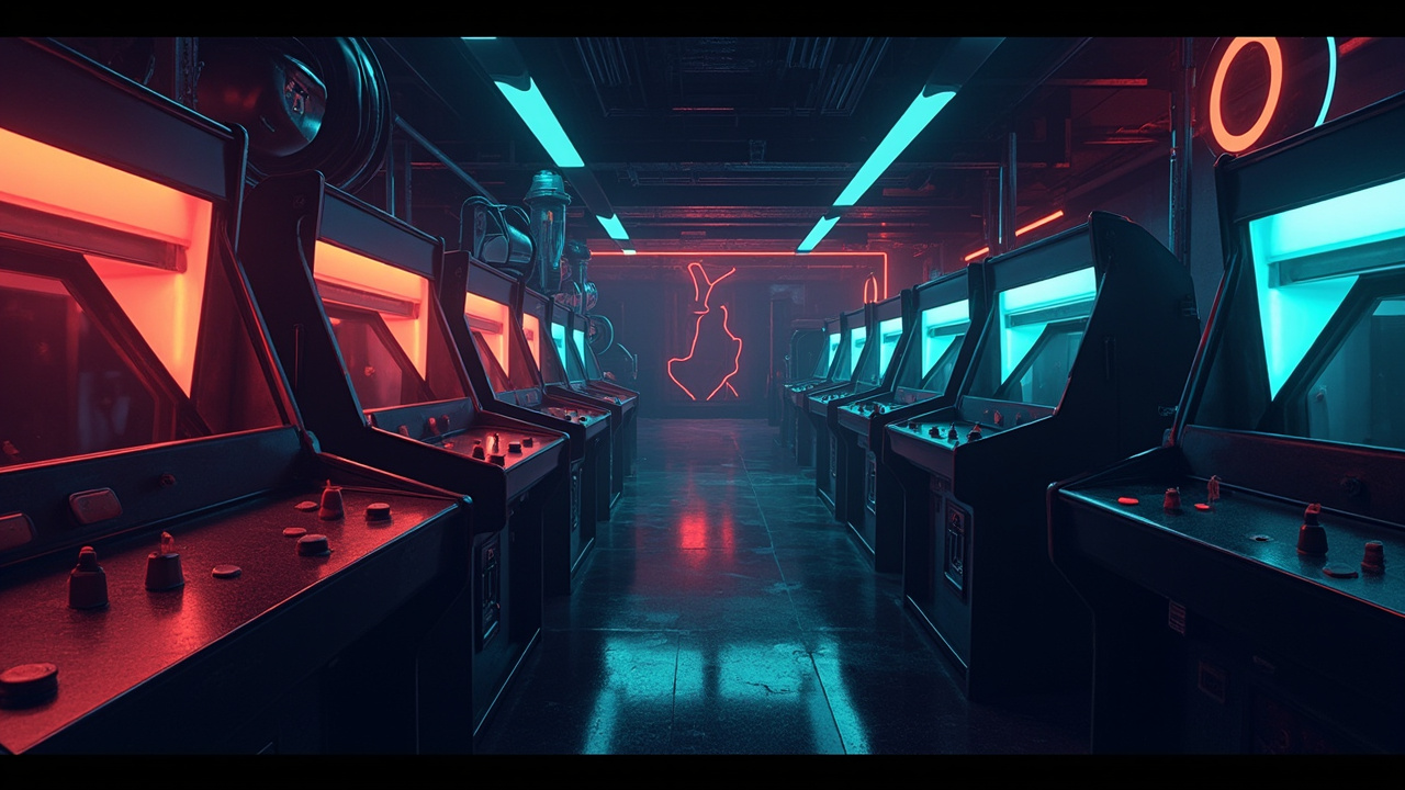 Illustration of a neon-lit retro arcade interior