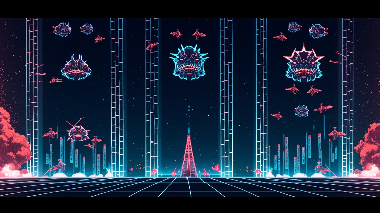 Illustration: A retro-style pixel art video game is displayed across three vertical panels showing a vertical scrolling space shooter, where small spaceships at the bottom fire projectiles upward at large mechanical bosses, enemy formations, and obstacle patterns.