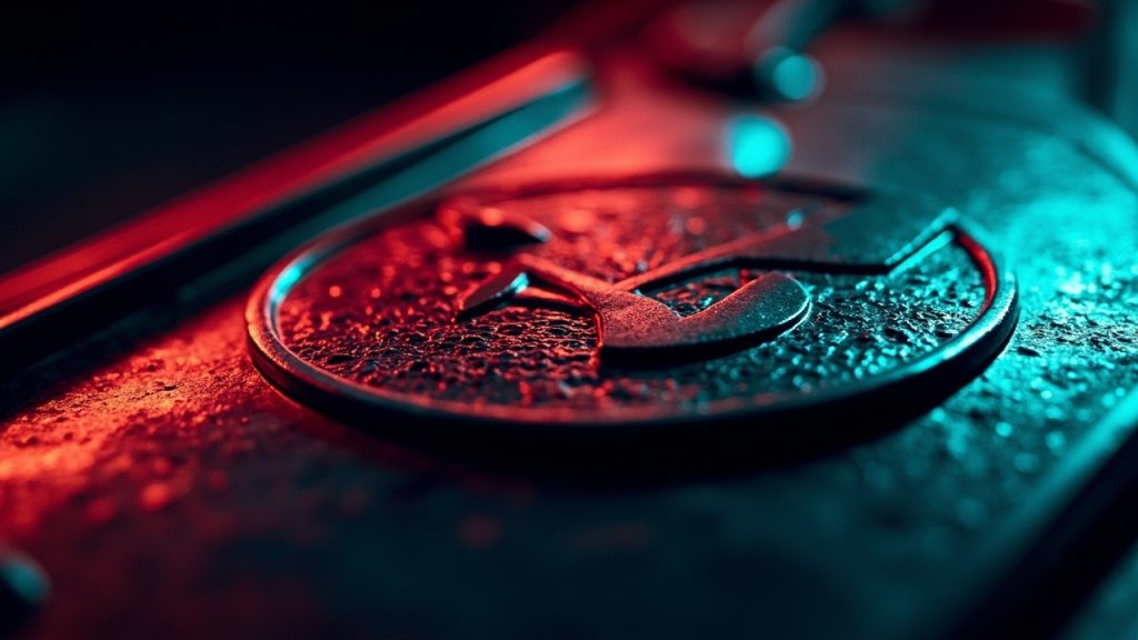 Illustration: A close-up view of a textured silver metallic surface featuring an embossed logo illuminated by red backlighting.